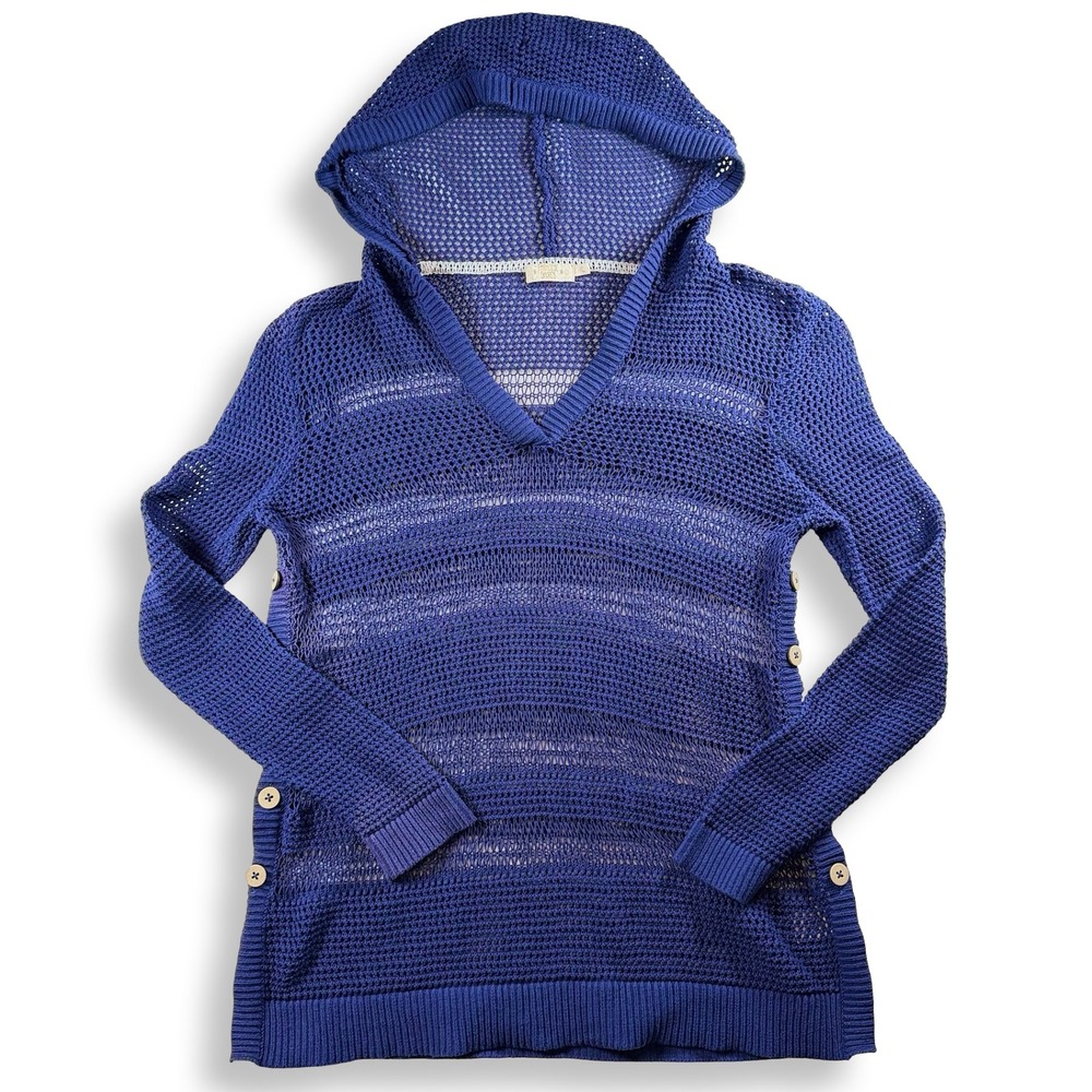 Paradise Shores Blue Open Knit Crochet Hoodie‎ Sweater Side Button Cotton Large